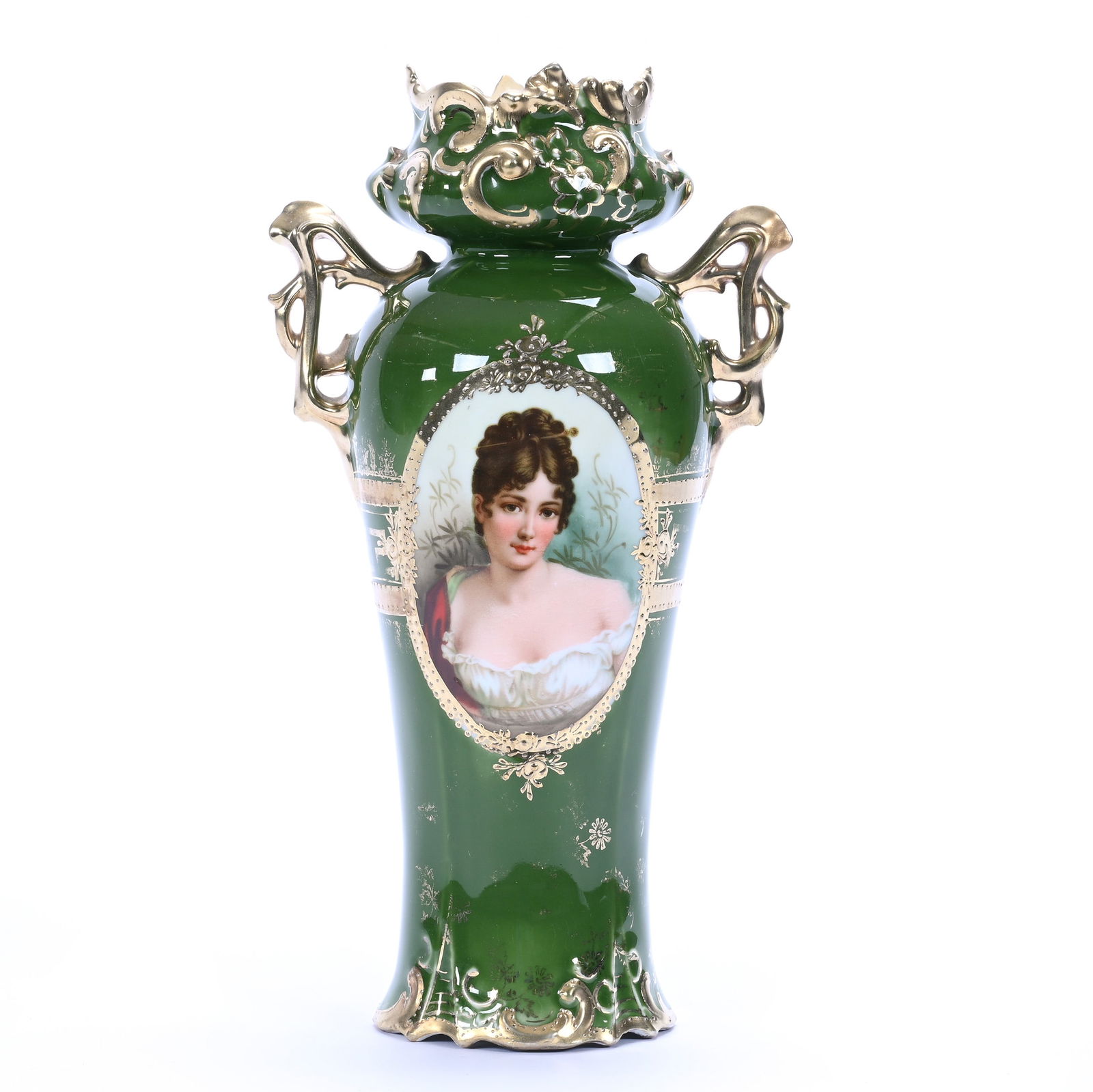 Vase, Two Handles, Marked Royal Vienna, Green With Medallion Portrait Of Recamier (1 of 3)