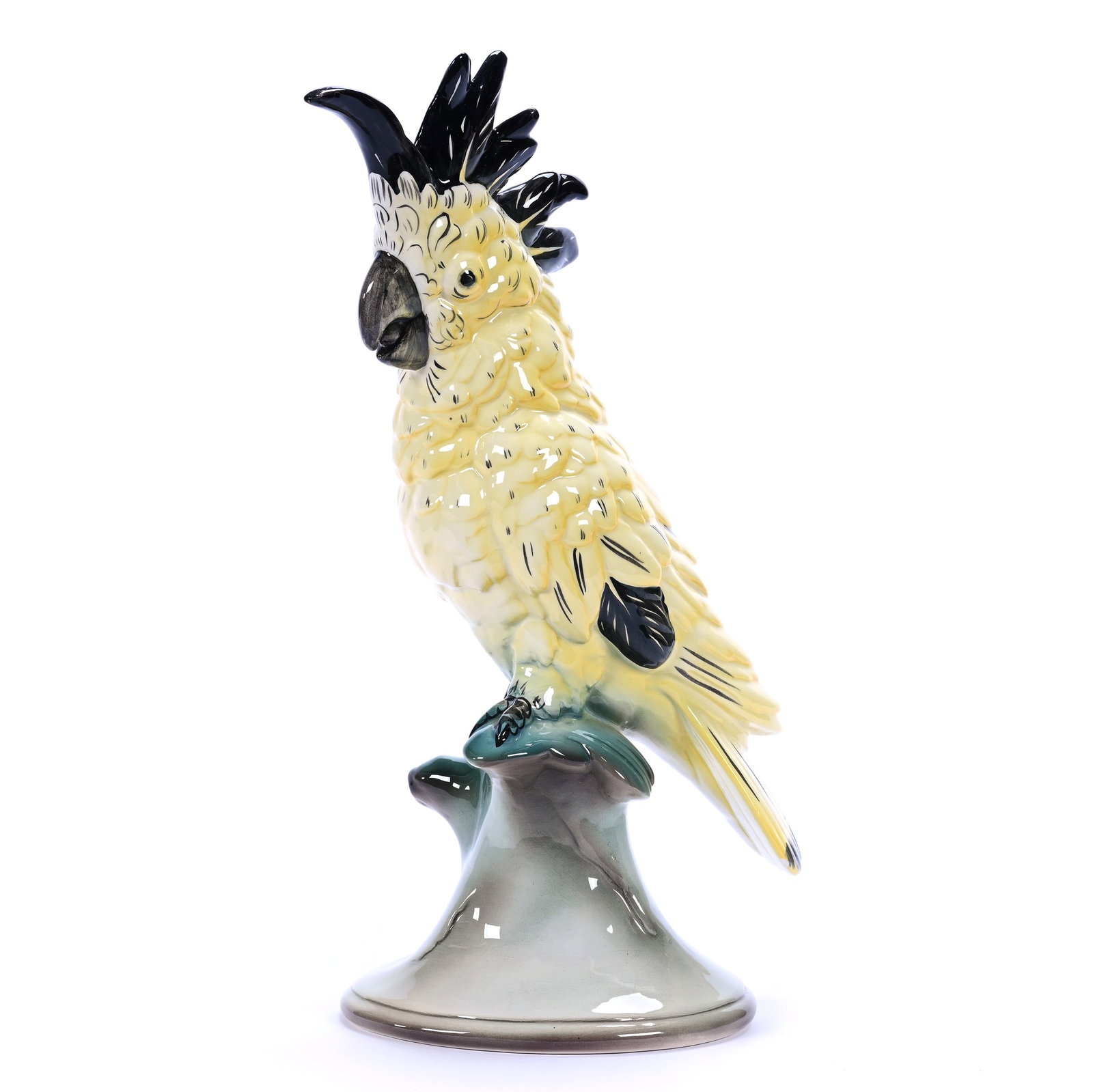 Figurine Marked Goldscheider, Yellow Cockatoo Bird: Figurine Marked Goldscheider, Yellow Cockatoo Bird, 13.5" x 7.5", Small Glaze Nick On Tail, Illinois Private Collection.