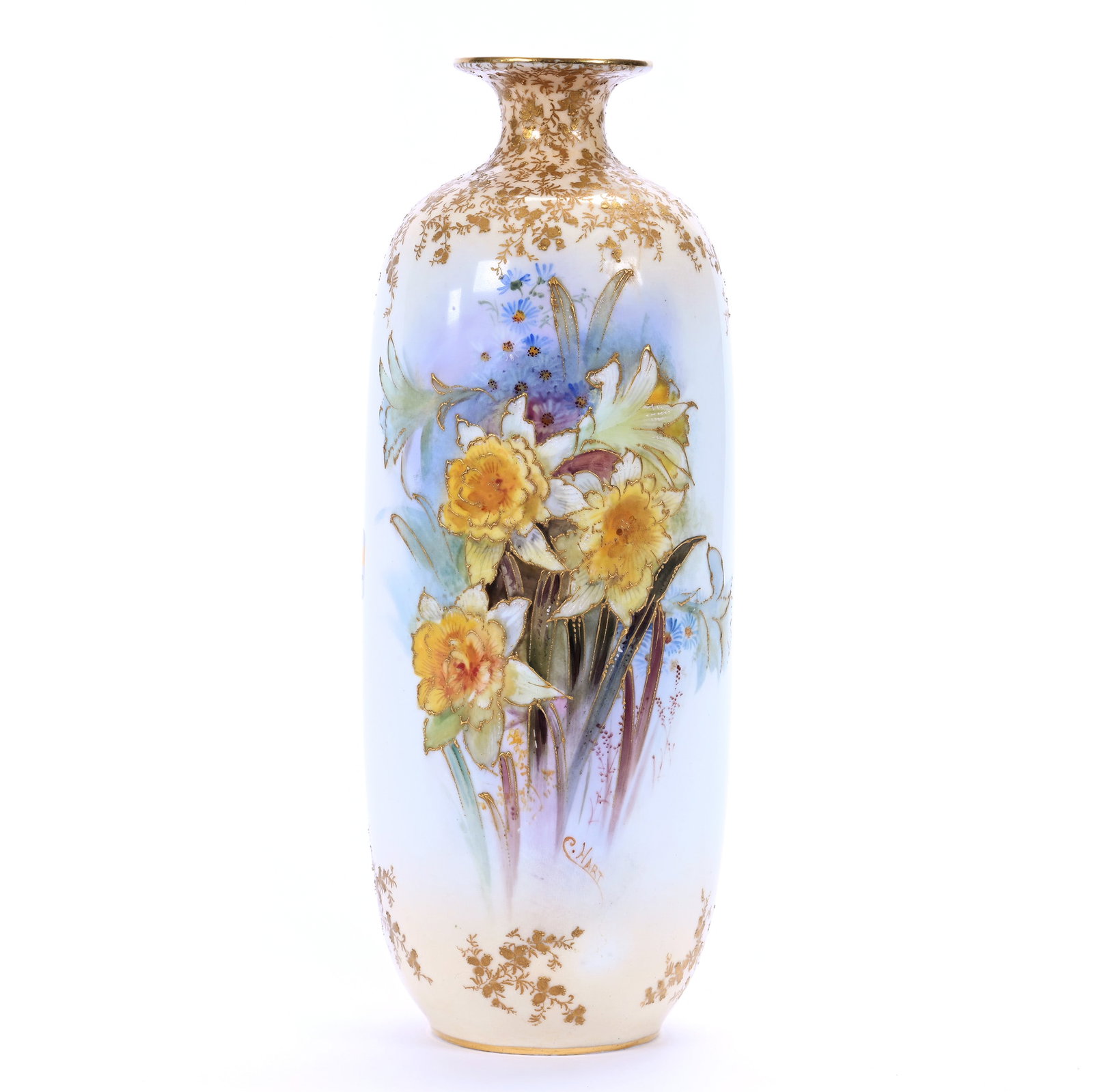 Vase Marked Doulton Burslem, White And Cream Tones, Daffodil Decor: Vase Marked Doulton Burslem, White And Cream Tones, Daffodil Decor, 9.5" x 3.75", Heavy Gold Highlights, Artist Signed "Hart", Illinois Private Collection.