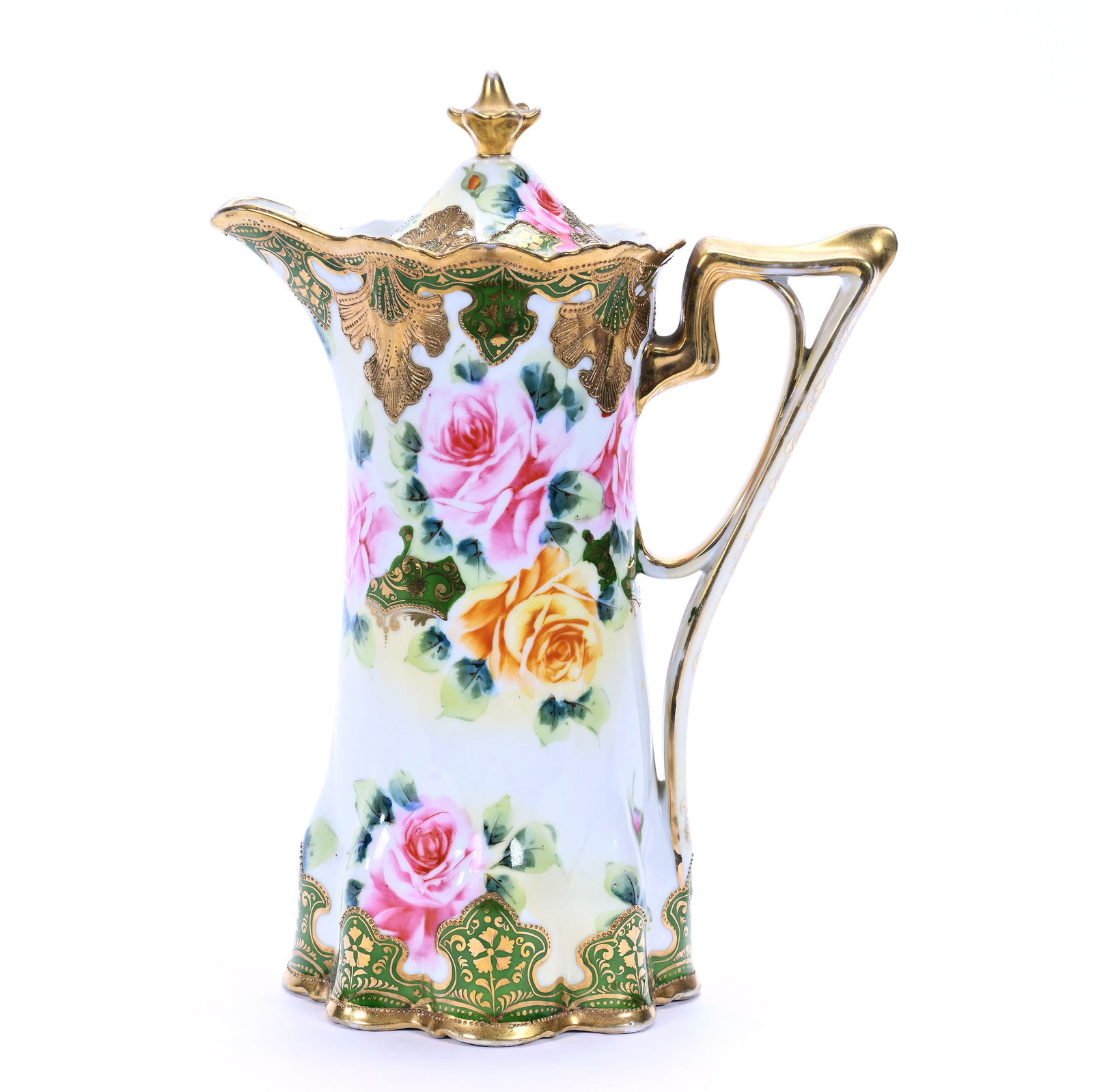 Chocolate Pot Marked Nippon, White With Green Border: Chocolate Pot Marked Nippon, White With Green Border, 10.25" x 7.5", Rose Decor, Heavy Gold Highlights, Illinois Private Collection.