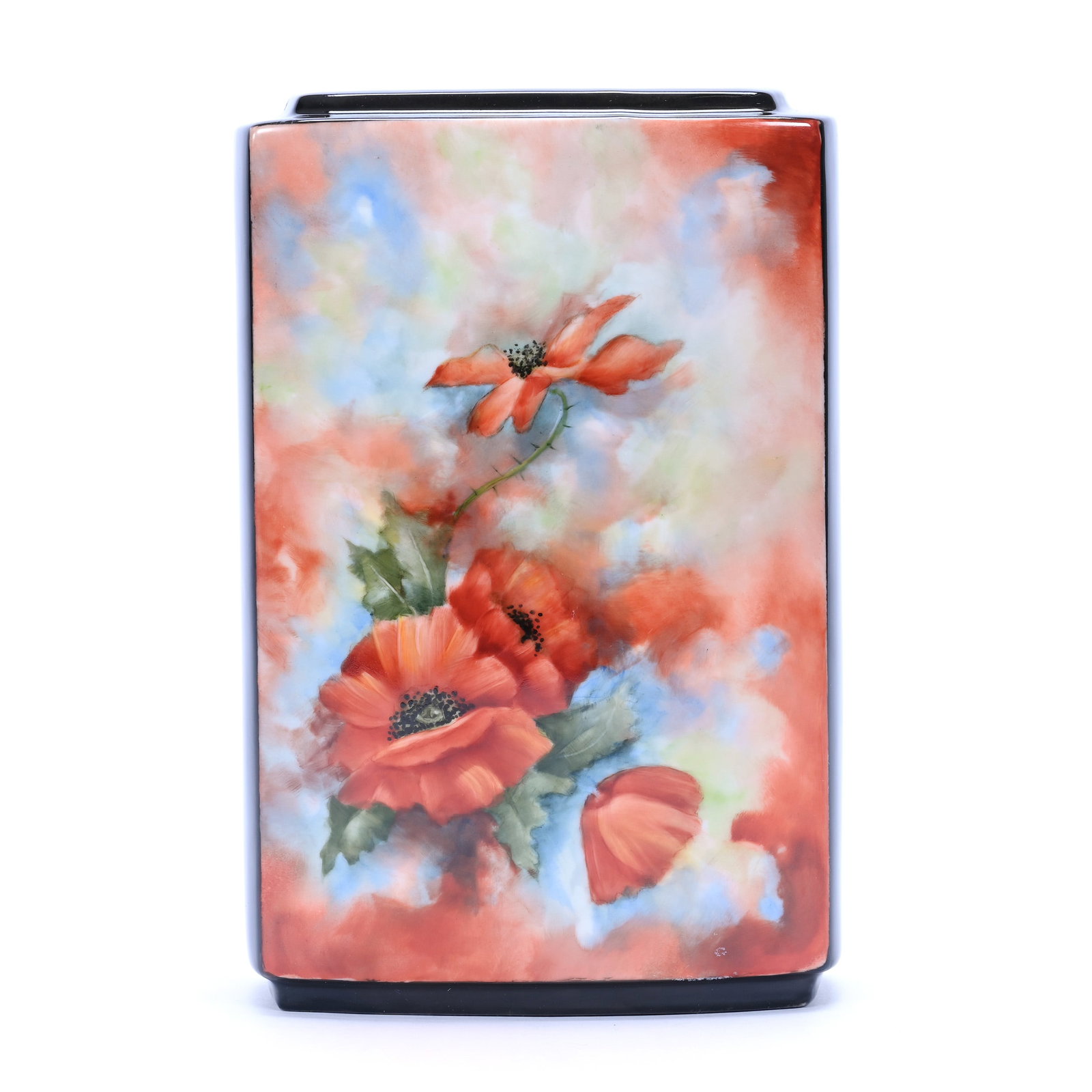 Rectangular Vase, Unmarked Bavaria Style, Late Period: Rectangular Vase, Unmarked Bavaria Style, Late Period, 9" x 6" x 3", Black With Orange, Blue And Yellow Tones, Poppy Decor, Artist Signed Dickinson, Illinois Private Collection.