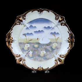 Cake Plate, Unmarked R.S. Prussia, Stylized Swan Scenic Decor