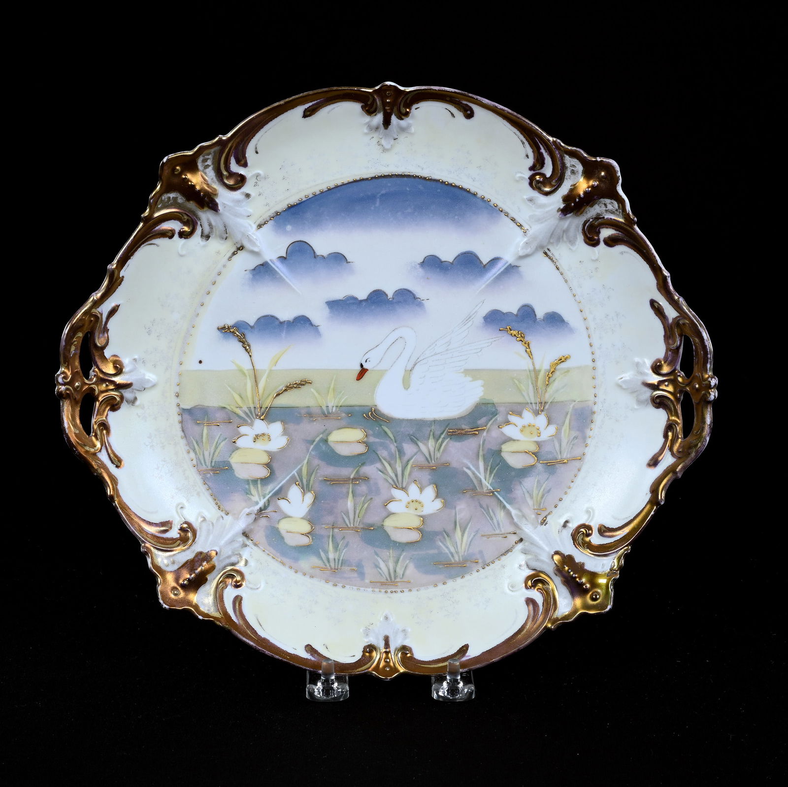 Cake Plate, Unmarked R.S. Prussia, Stylized Swan Scenic Decor (1 of 3)