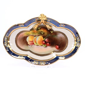 Oval Handled Relish Tray Marked Pickard, Hand Painted Fruit Decor
