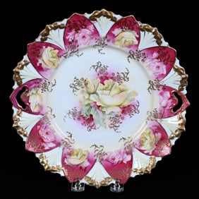 Cake Plate, Unmarked R.S. Prussia, Pink And White Tones, Yellow Rose Decor