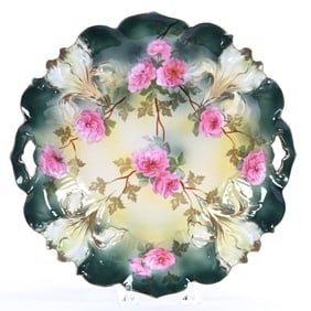 Cake Plate Marked R.S. Prussia, Iris Mold, Green And Yellow Tones