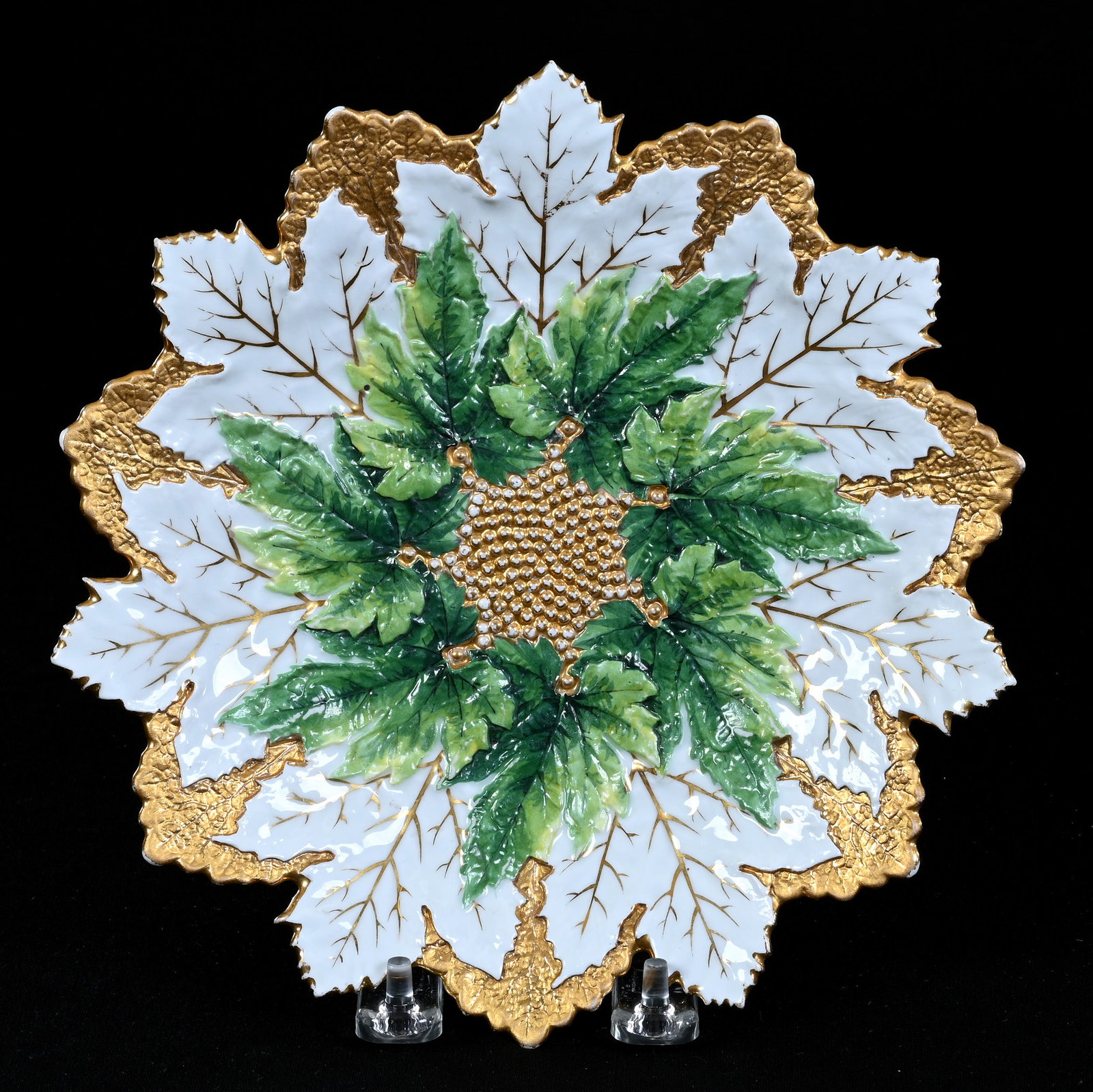 Plate, Meissen Blue Crossed Swords Mark, Leaf Mold: Plate, Meissen Blue Crossed Swords Mark, Leaf Mold, 8.5", Green, White And Gold Tones, Illinois Private Collection.