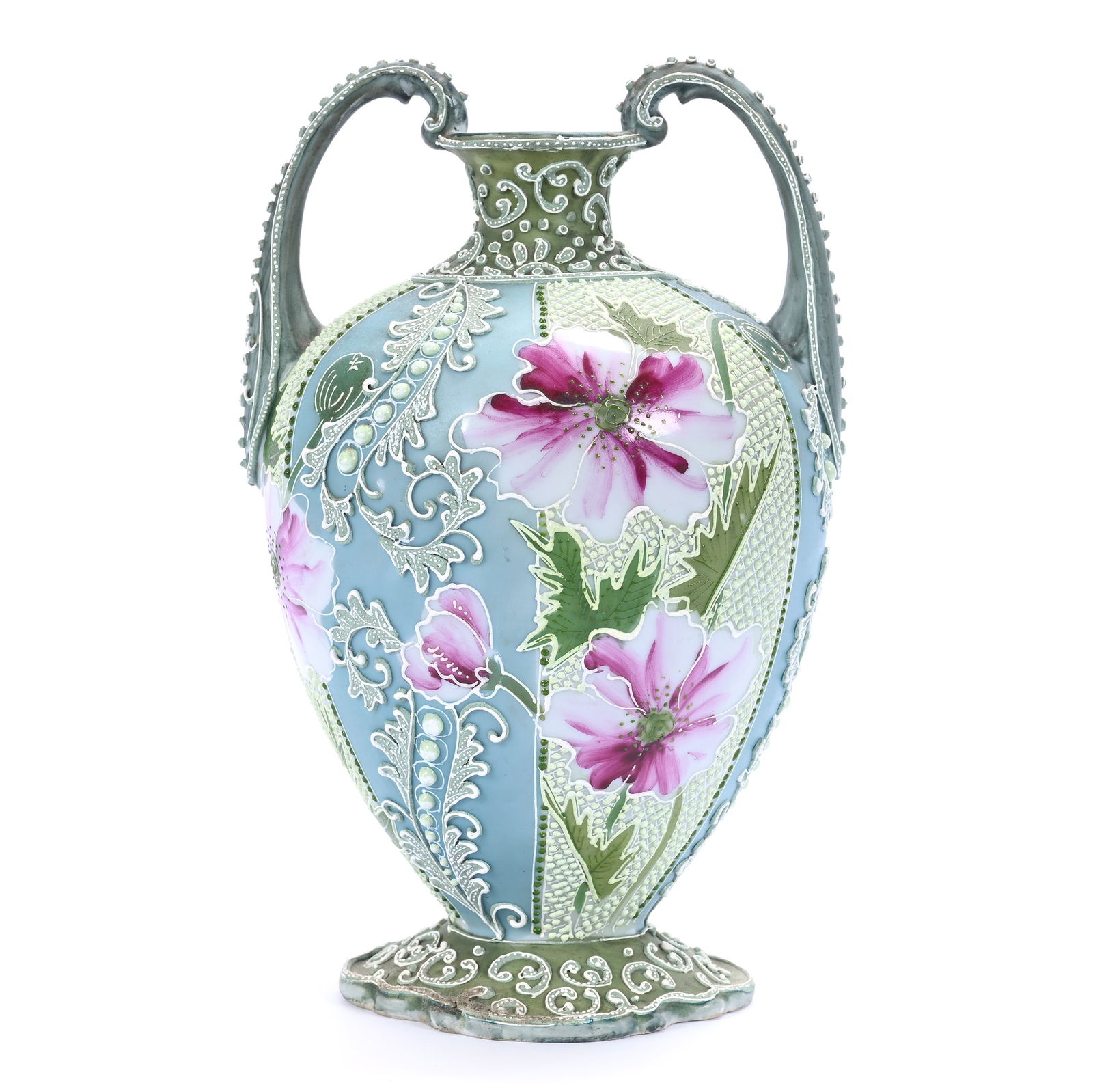 Vase, Two Handles, Unmarked Nippon, Green Tones With Poppy Decor (1 of 3)