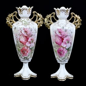 Pair Pedestal Vases, Two Handles, Marked R.S. Prussia