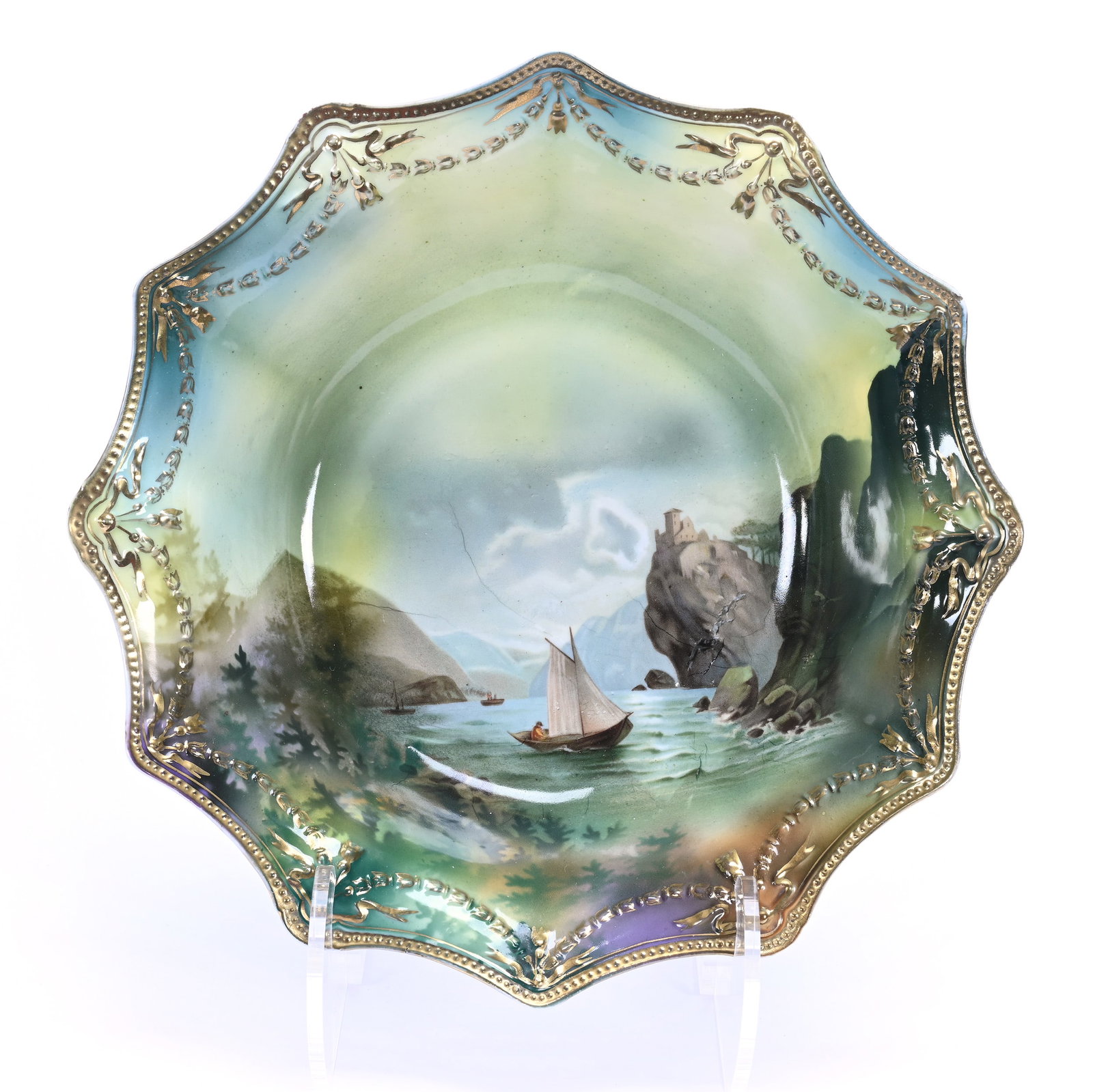 Bowl, Unmarked R.S. Prussia, Swag And Tassel Mold, Old Man In Mountain Decor: Bowl, Unmarked R.S. Prussia, Swag And Tassel Mold, Old Man In Mountain Decor, 10.75", Green And Yellow Tones, Gold Trim Highlights, Michigan Private Collection.