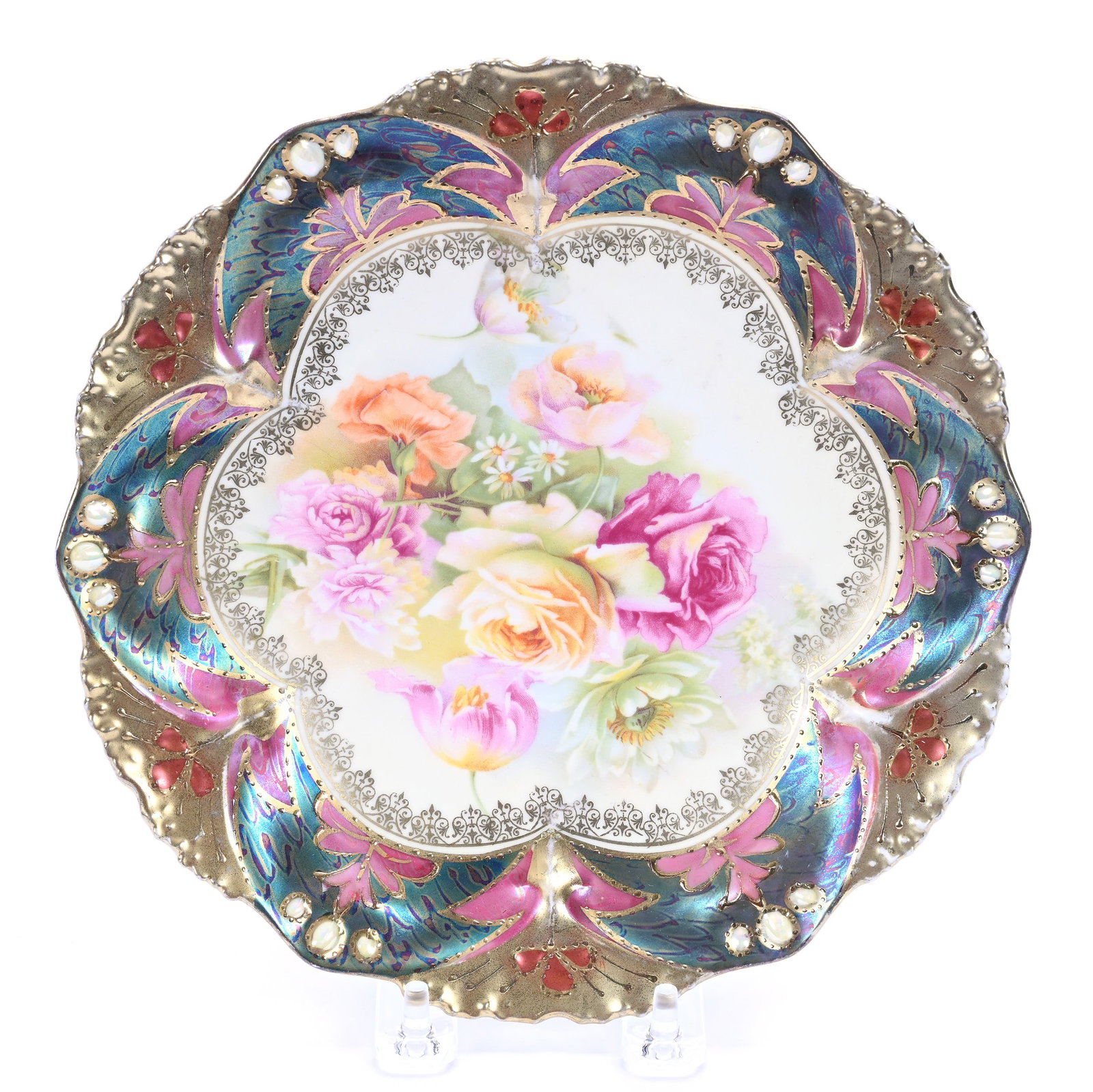 Plate Marked R.S. Prussia, Point And Clover Mold: Plate Marked R.S. Prussia, Point And Clover Mold, 8.5", Cream Center, Wild Floral Decor, Fantastic Iridescent Peacock Tiffany Border, Opal Jewels, Heavy Gold, Pink Highlights, Michigan Private Collect