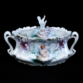 Cracker Jar, Two Handles, Marked R.S. Prussia, Iris Mold, Winter Season Portrait