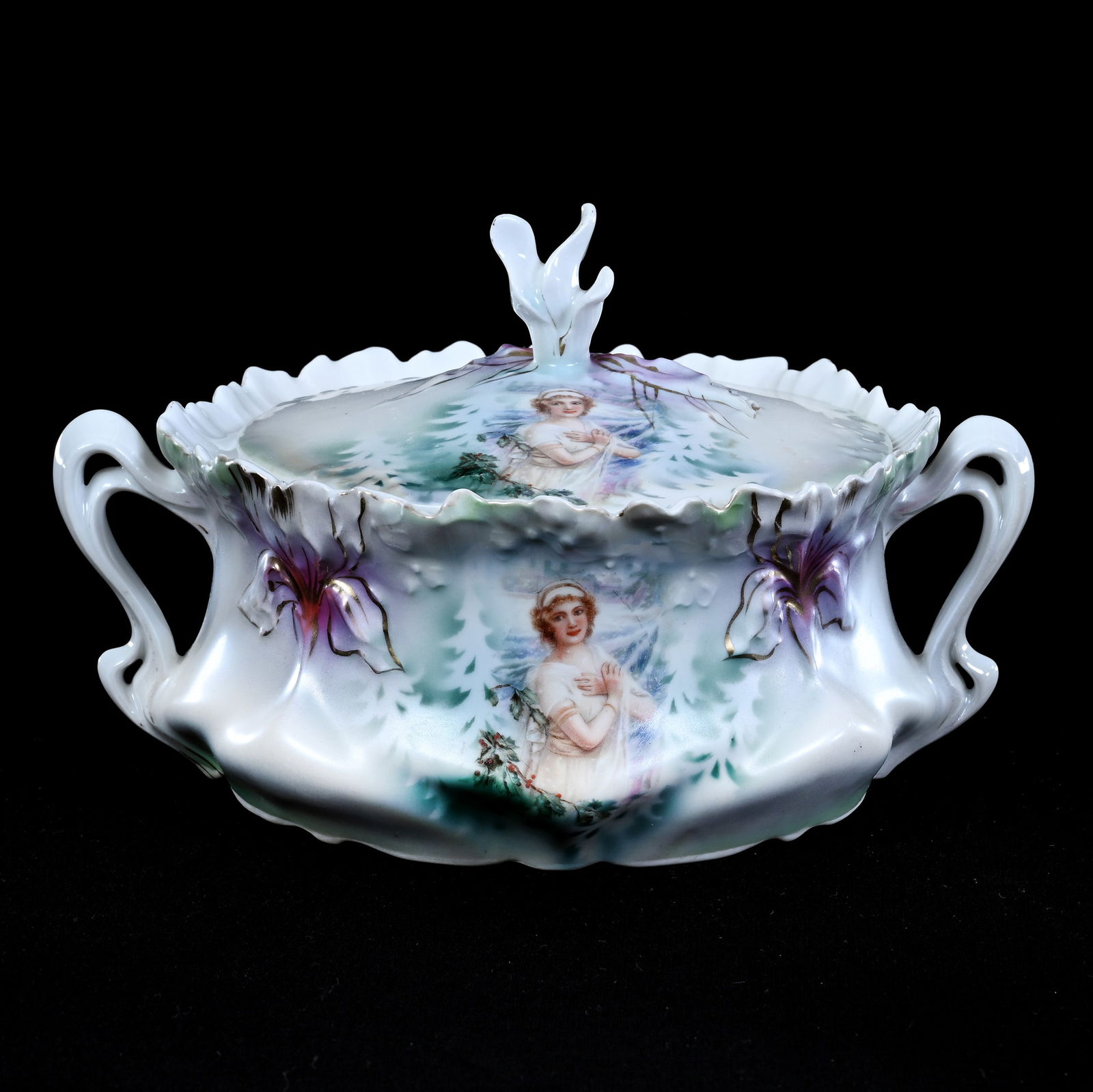 Cracker Jar, Two Handles, Marked R.S. Prussia, Iris Mold, Winter Season Portrait (1 of 3)