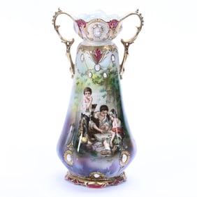 Vase, Two Handles, Marked R.S. Prussia, Jewel Mold, Dice Throwers Scenic Decor
