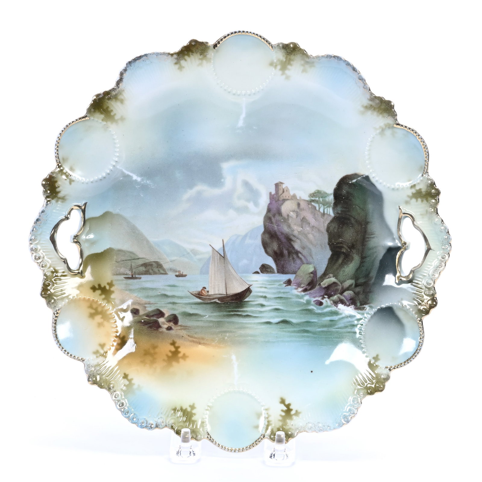 Cake Plate Marked R.S. Prussia, Medallion Mold, Old Man In Mountain Scenic Decor: Cake Plate Marked R.S. Prussia, Medallion Mold, Old Man In Mountain Scenic Decor, 10", Some Light Wear On Ridges, Michigan Private Collection.