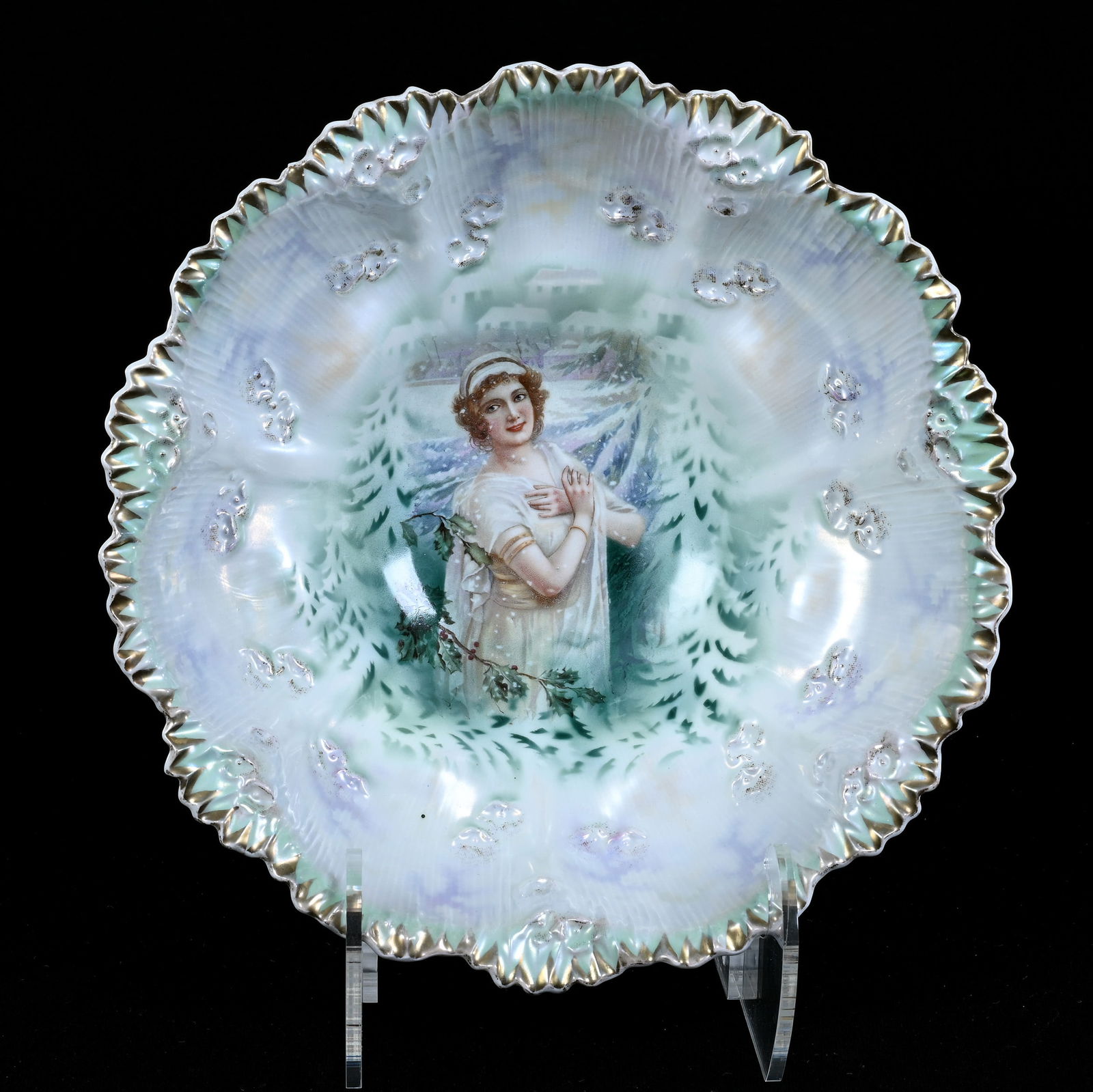 Bowl, Unmarked R.S. Prussia, Swag And Tassel Mold, Swan And Evergreen Scenic Decor (1 of 2)