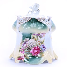 Biscuit Jar Marked R.S. Prussia, Point And Clover Mold, Glass Bowl Decor