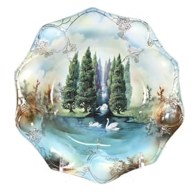 Bowl, Unmarked R.S. Prussia, Swan And Evergreen Scenic Decor