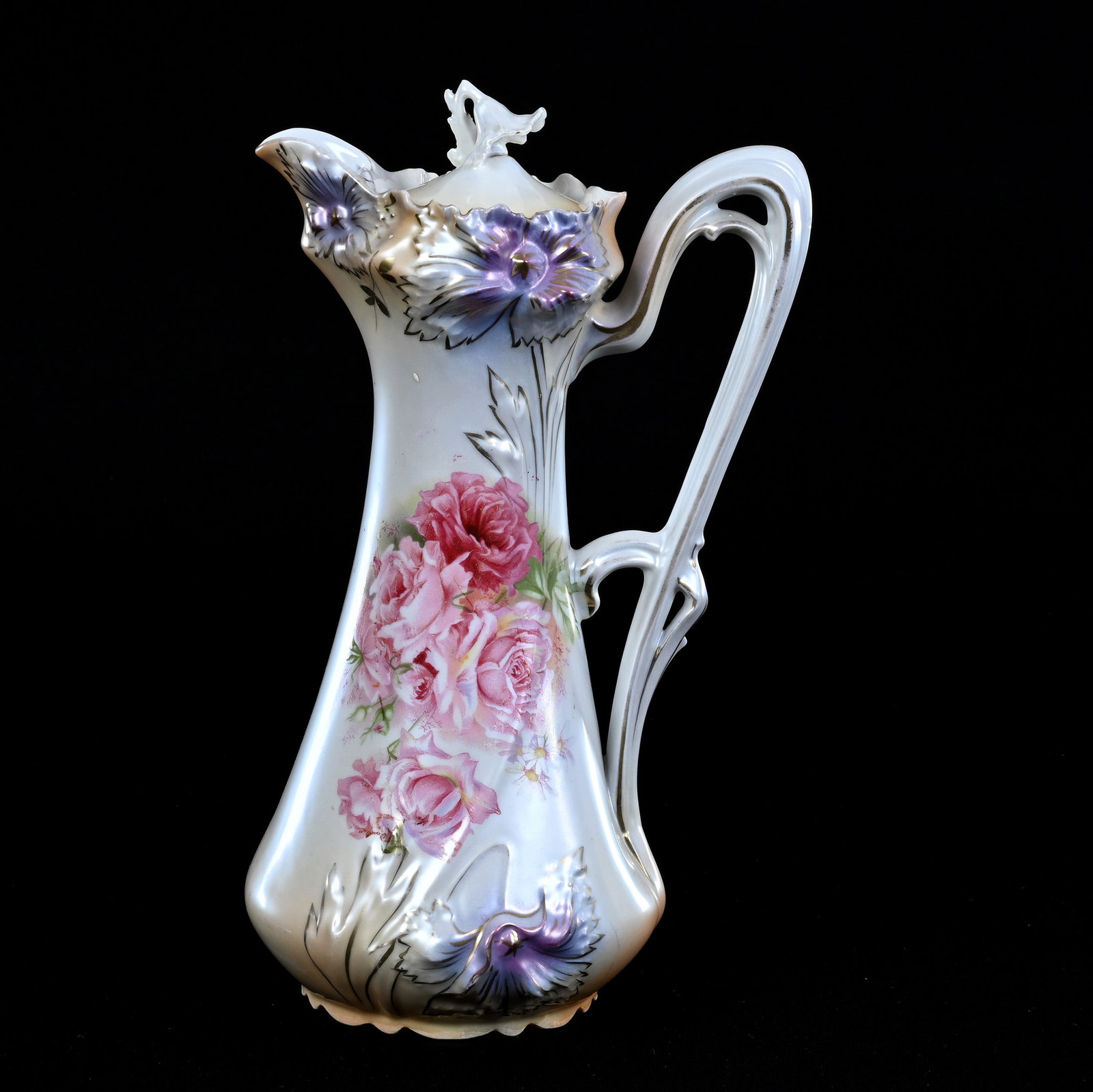 Chocolate Pot Marked R.S. Prussia, Carnation Mold, Pink Rose Decor: Chocolate Pot Marked R.S. Prussia, Carnation Mold, Pink Rose Decor, 12" x 7", White, Peach And Lavender Satin Finish, Michigan Private Collection.