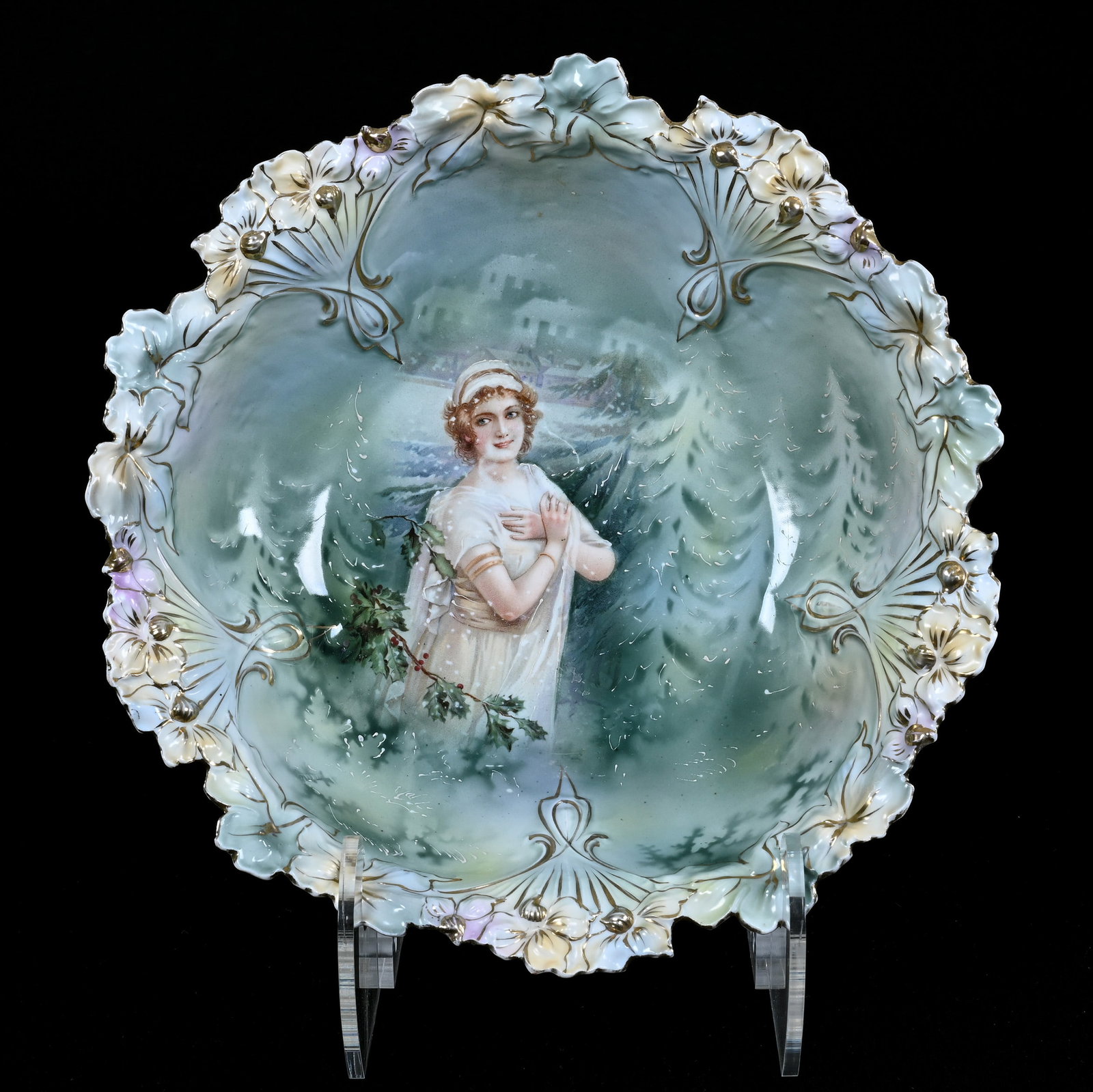 Bowl Marked R.S. Prussia, Mold #85, Winter Season Portrait Decor: Bowl Marked R.S. Prussia, Mold #85, Winter Season Portrait Decor, 10.5", Unusual With White Enamel Snow Highlights, Michigan Private Collection.