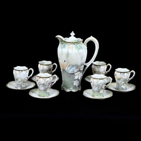 Chocolate Set Marked R.S. Prussia, Stylized Swan Scenic Decor