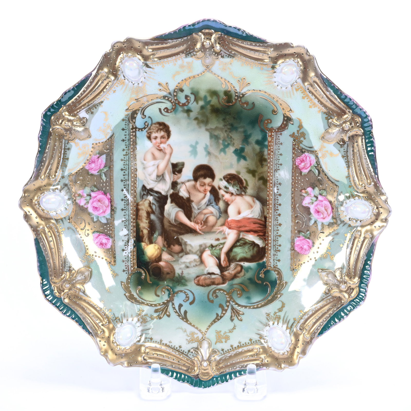 Plate Marked R.S. Prussia, Ribbon And Jewel Mold, Dice Throwers Scenic Decor: Plate Marked R.S. Prussia, Ribbon And Jewel Mold, Dice Throwers Scenic Decor, 8.5", Opal Jewels And Gold Ribbon Highlights, Michigan Private Collection.