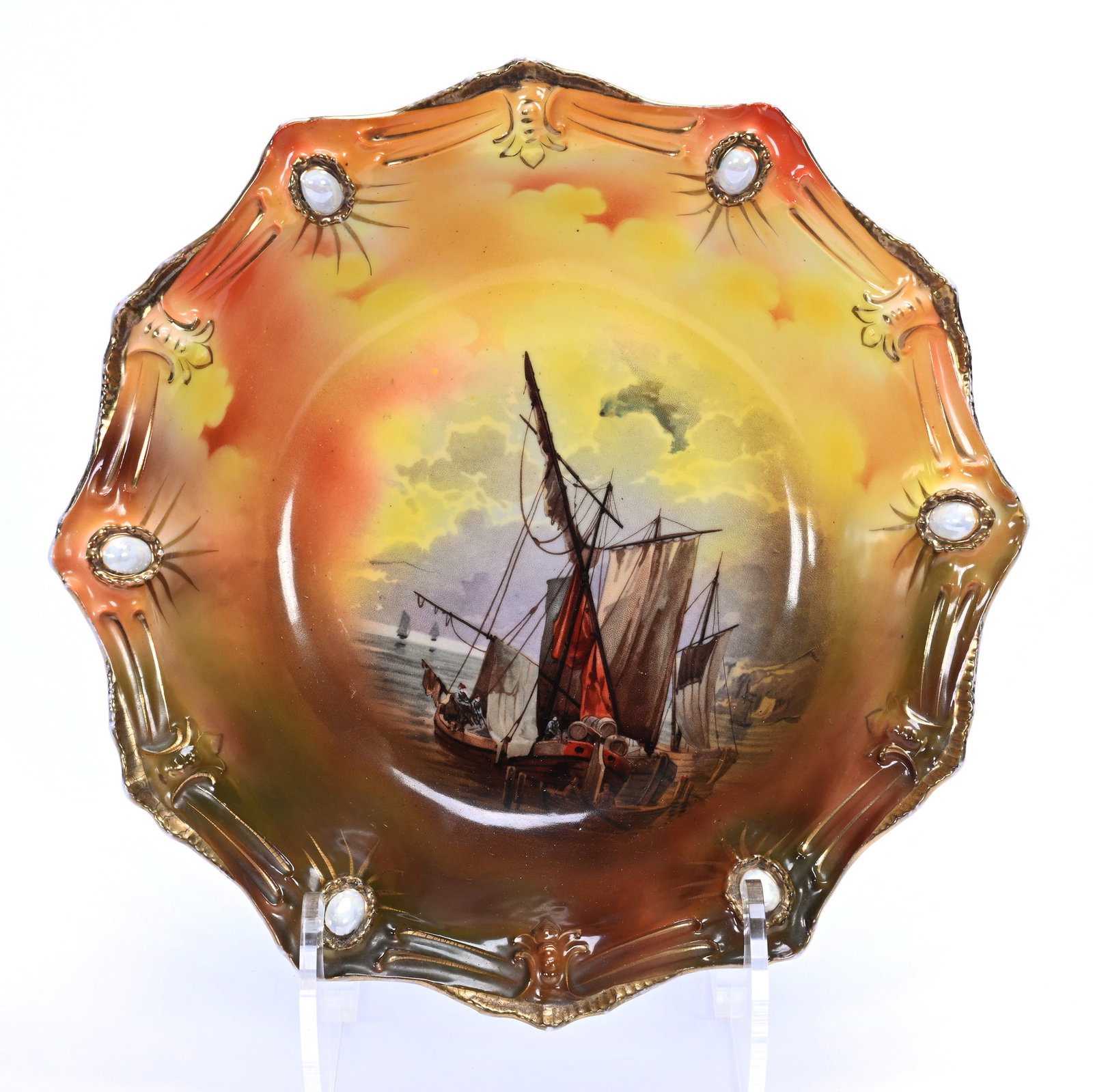Bowl Marked R.S. Prussia, Ribbon And Jewel Mold, Masted Schooner Decor: Bowl Marked R.S. Prussia, Ribbon And Jewel Mold, Masted Schooner Decor, 10.75", Green, Orange And Brown Tones, Opal Jewel Highlights, Michigan Private Collection.