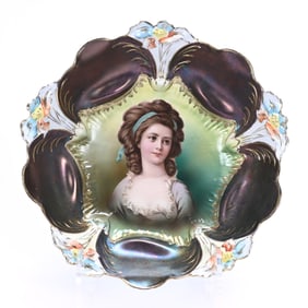Bowl, Unmarked R.S. Prussia, Lily Mold, Potocka Portrait On Green Ground