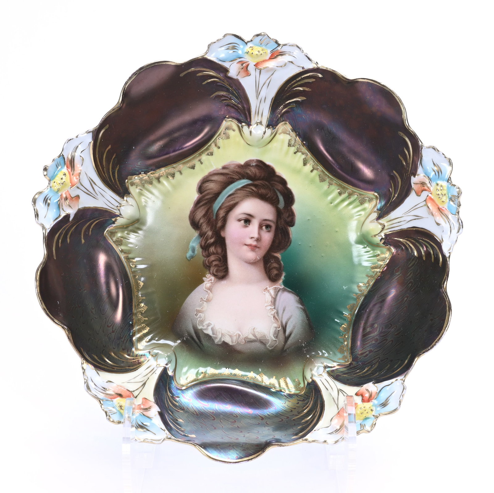 Bowl, Unmarked R.S. Prussia, Lily Mold, Potocka Portrait On Green Ground: Bowl, Unmarked R.S. Prussia, Lily Mold, Potocka Portrait On Green Ground, 10", Iridescent Bronze Border (Partial Peacock Tiffany), Michigan Private Collection.