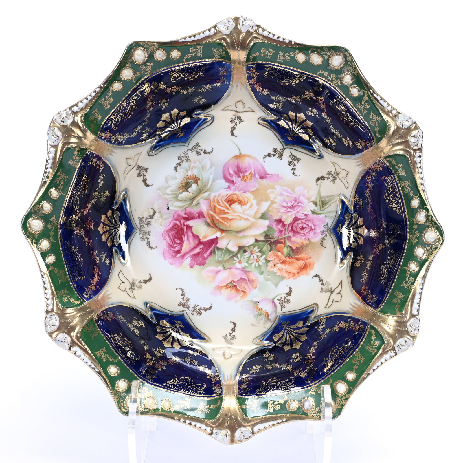 Bowl Marked R.S. Prussia, Jewel Mold, Wild Floral Decor: Bowl Marked R.S. Prussia, Jewel Mold, Wild Floral Decor, 10.75", Cream Center, Cobalt Blue And Green Border, Opal Jewels And Gold Stencil Highlights, Michigan Private Collection.