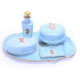 Dresser Set, Marked T&V Limoges, Also Marked Austria, Hand Painted Blue With Cherub Decor