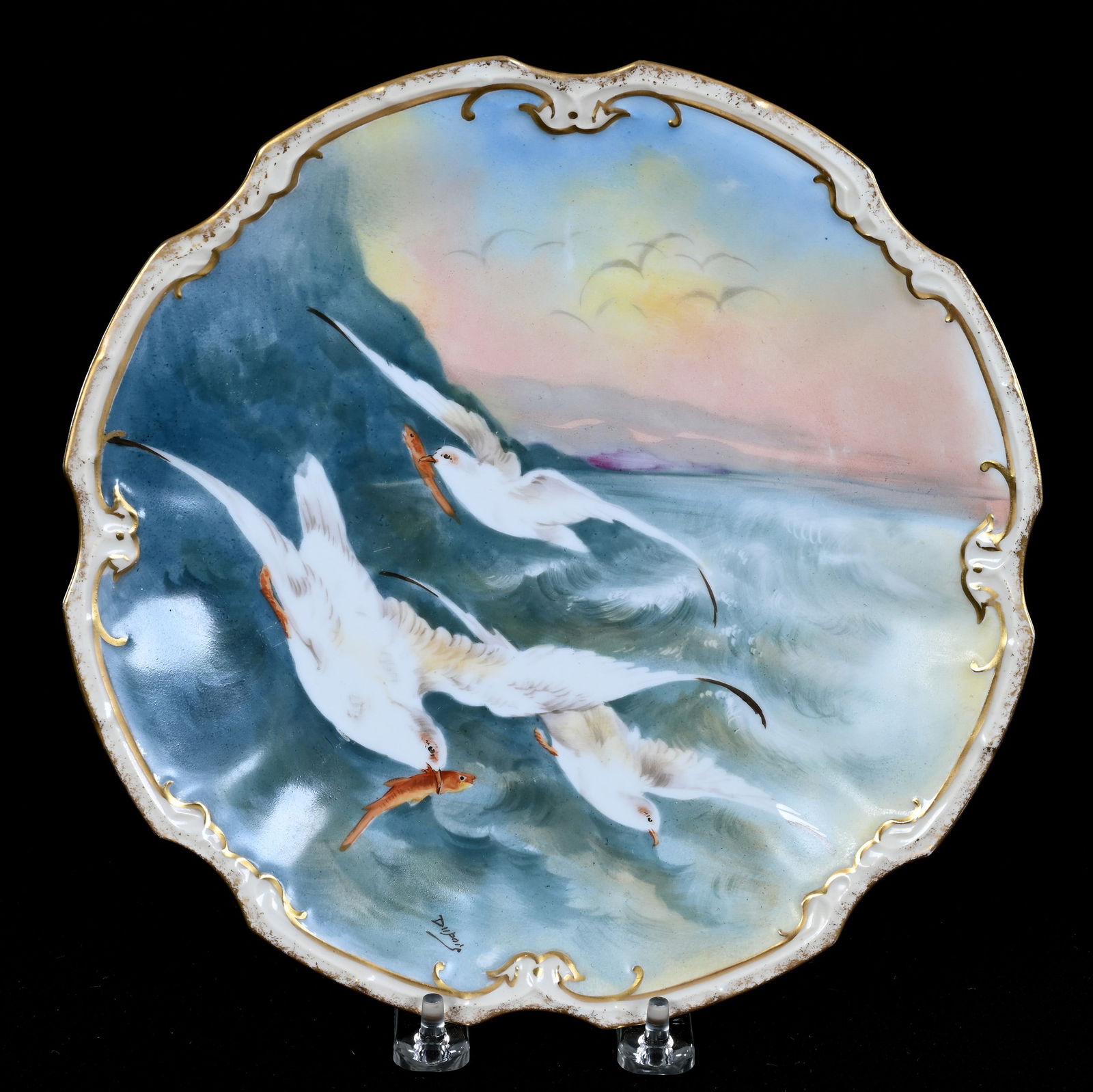 Plate, Marked B&H Limoges, Hand Painted Seagulls Catching Fish Decor, Artist Signed Dubois (1 of 3)