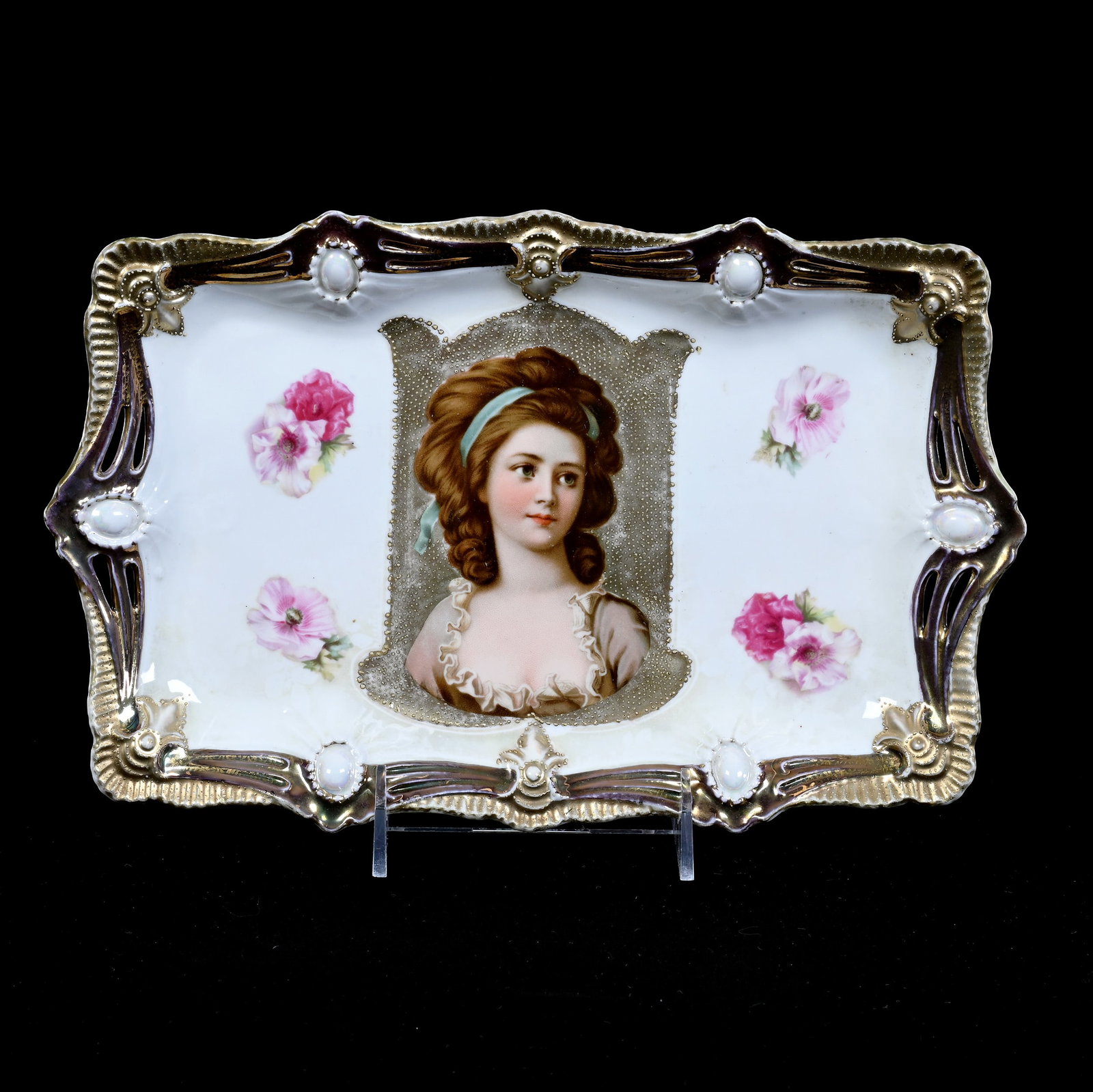 Dresser Tray, Marked R.S. Prussia, Ribbon Jewel Mold: Dresser Tray, Marked R.S. Prussia, Ribbon Jewel Mold, 12" x 7.5", Potocka Portrait, Opal Jewel Highlights, Illinois Private Collection.