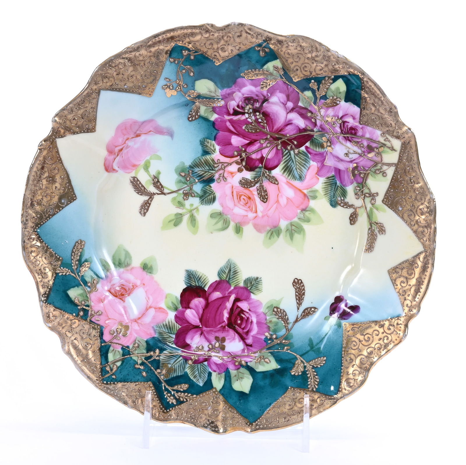 Plate, Unmarked Nippon, Rose Decor: Plate, Unmarked Nippon, Rose Decor, 9.75", Green And Yellow Tone, Heavy Gold Border, Illinois Private Collection.