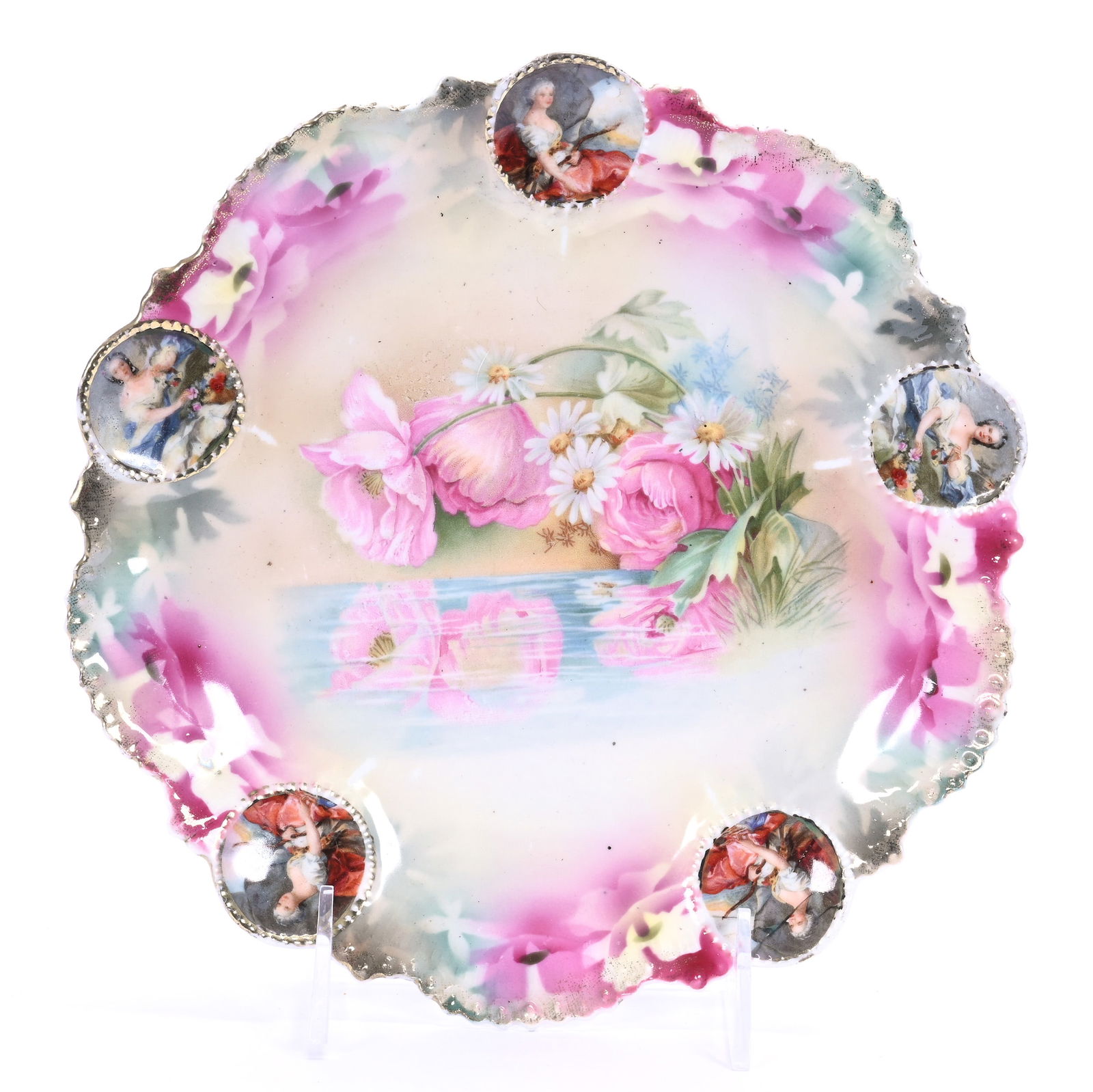 Plate, Marked R.S. Prussia, Medallion Mold: Plate, Marked R.S. Prussia, Medallion Mold, 8.5", Reflecting Floral Decor With Medallion Scenes Of Diana The Huntress And Reclining Lady, Illinois Private Collection.