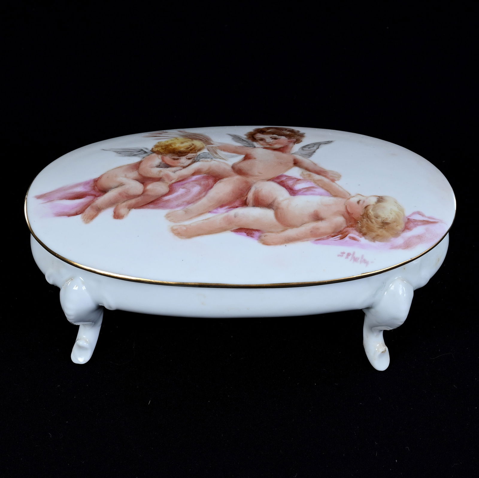 Footed Oval Covered Box, Unmarked Bavaria, White With Hand Painted Cherub Scenic Decor (1 of 4)