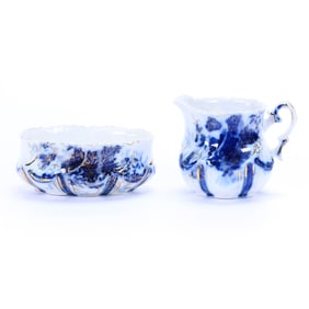 Small Creamer And Sugar, R.S. Steeple Mark, Blue And White With Floral Decor