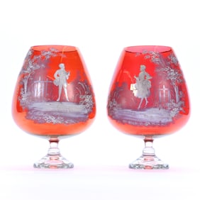Pair Of Oversized Brandy Glasses, Snifter Form, Cranberry Art Glass, Mary Gregory