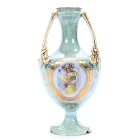 Pedestal Three-Handled Vase Marked Prov Saxe, Medallion Scene Of Woman Holding Flaming Heart