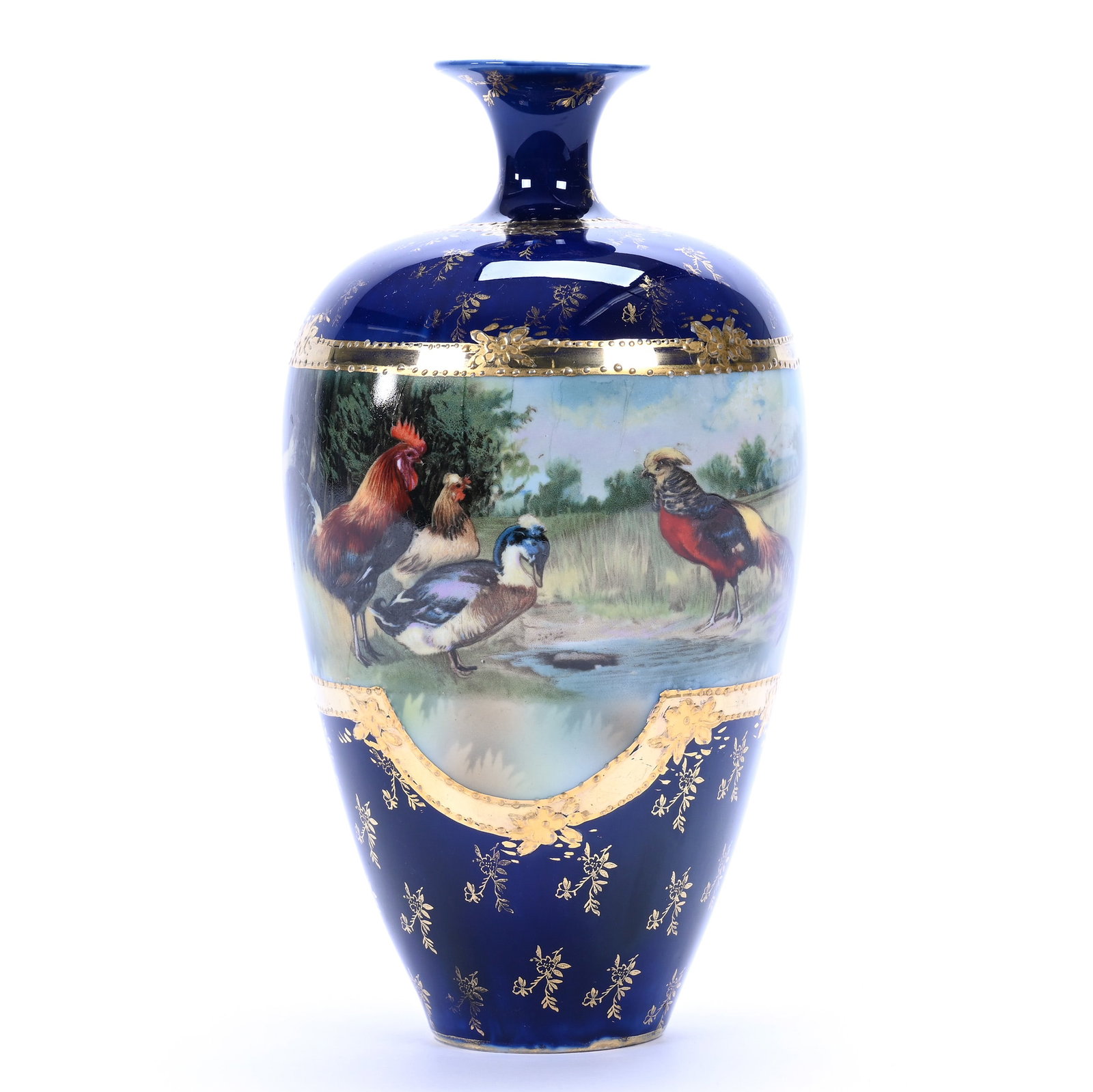 Vase, Unmarked R.S. Prussia, Double Scene Farmyard And Pheasant Decor: Vase, Unmarked R.S. Prussia, Double Scene Farmyard And Pheasant Decor, 8.5" x 4.5", Cobalt Blue Border, Nice Gold Highlights, Illinois Private Collection.