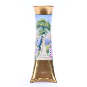 Vase Marked Brauer (Chicago Studio), Hand Painted Multi-Color Hollyhock