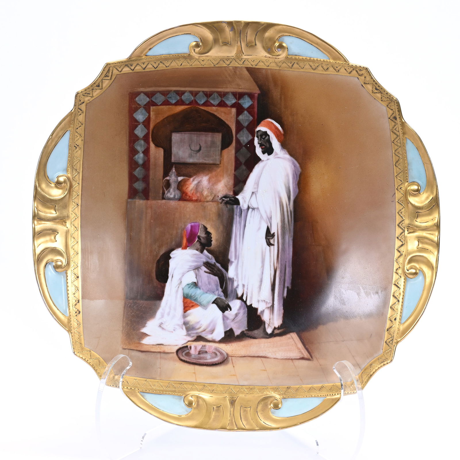 Charger, Unmarked Limoges, Hand Painted Scene Of Two Arabs Smoking And Talking (1 of 2)