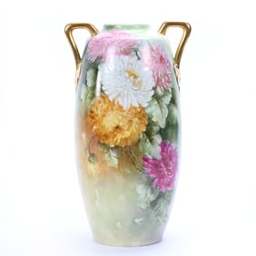 Two-Handled Vase, Marked Austria, Chrysanthemum Decor