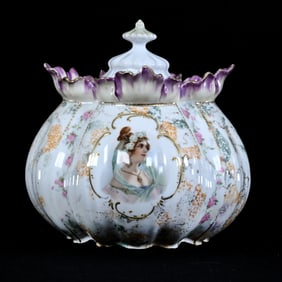 Biscuit Jar, Unmarked R.S. Prussia, White With Multi-Colored Sponge Background