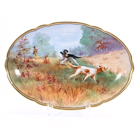 Oval Tray, Marked Pl Limoges, Hand Painted Hunter And Two Hunting Dogs Scenic Decor, Artist Signed