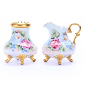 Creamer And Sugar Shaker, Unmarked Bavaria Style, Hand Painted Rose Decor