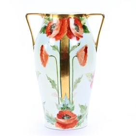 Two-Handled Vase, Unmarked Limoges, Orange Poppy Decor