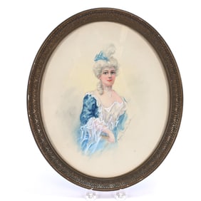 Framed Oval Watercolor Print, Scene Of Classically Dressed Woman, Artist Signed Lydia Dunham Smith