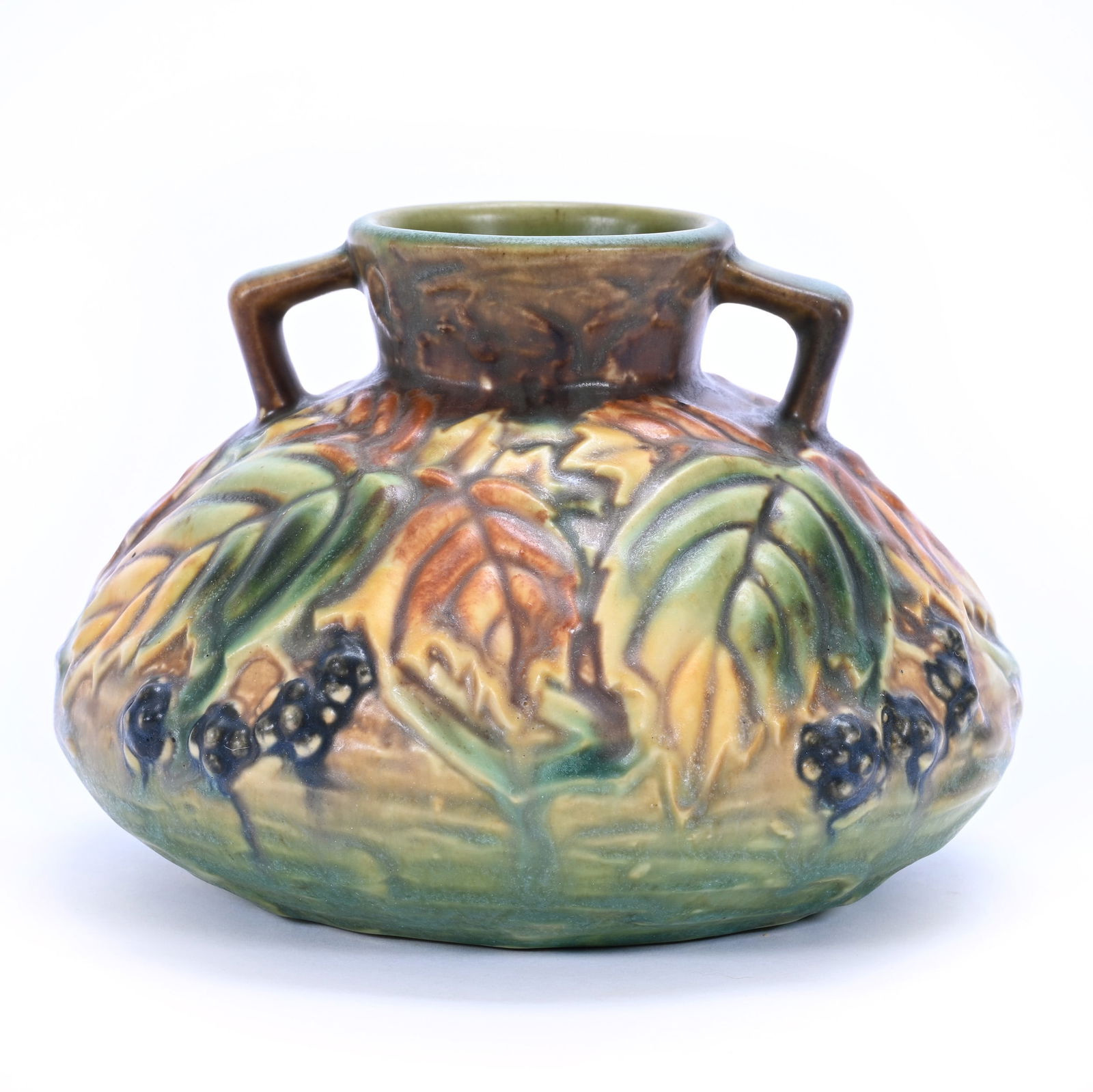 Two-Handled Vase, Unmarked Roseville Art Pottery, Blackberry Pattern (1 of 3)