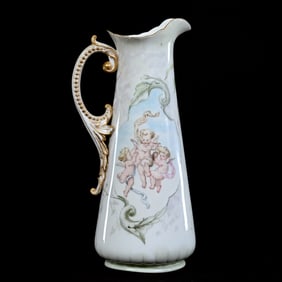 Pitcher, Marked CAC Belleek, Hand Painted Fruit And Cherub Decor